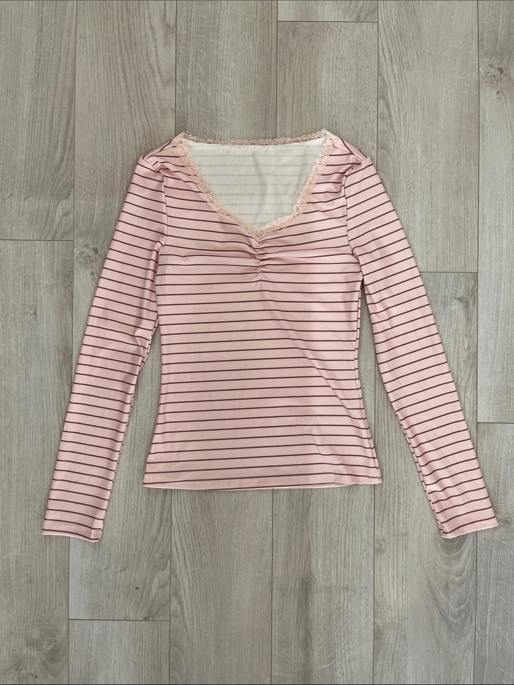 Pink Striped Lace-Trim Long Sleeve Top
